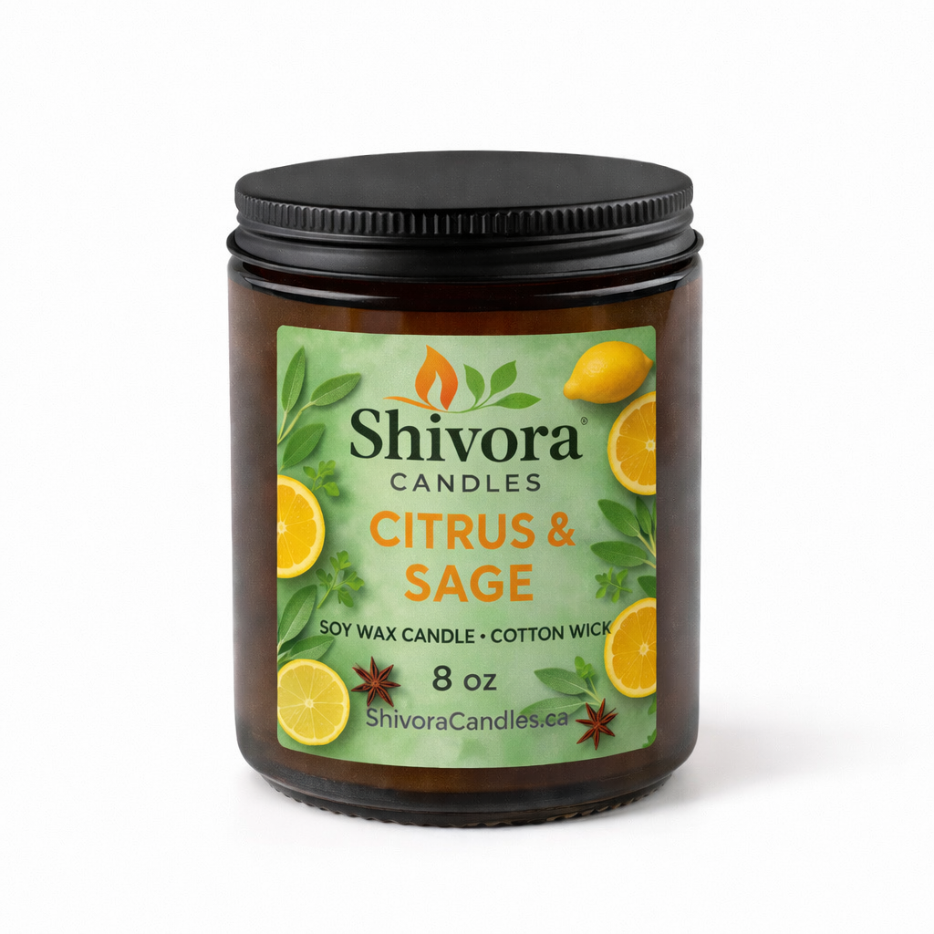 Shivora Citrus & Sage candle jar on a white background